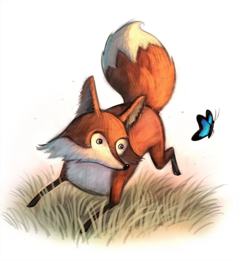 Fox Chasing Blue Butterfly in Grass Illustration