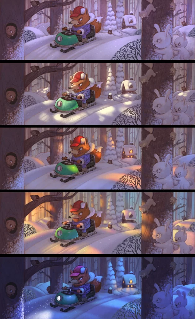 Fox Driving Snowmobile Through Winter Forest Illustration