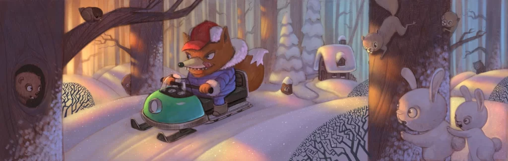 Fox Driving Snowmobile Winter Forest Illustration