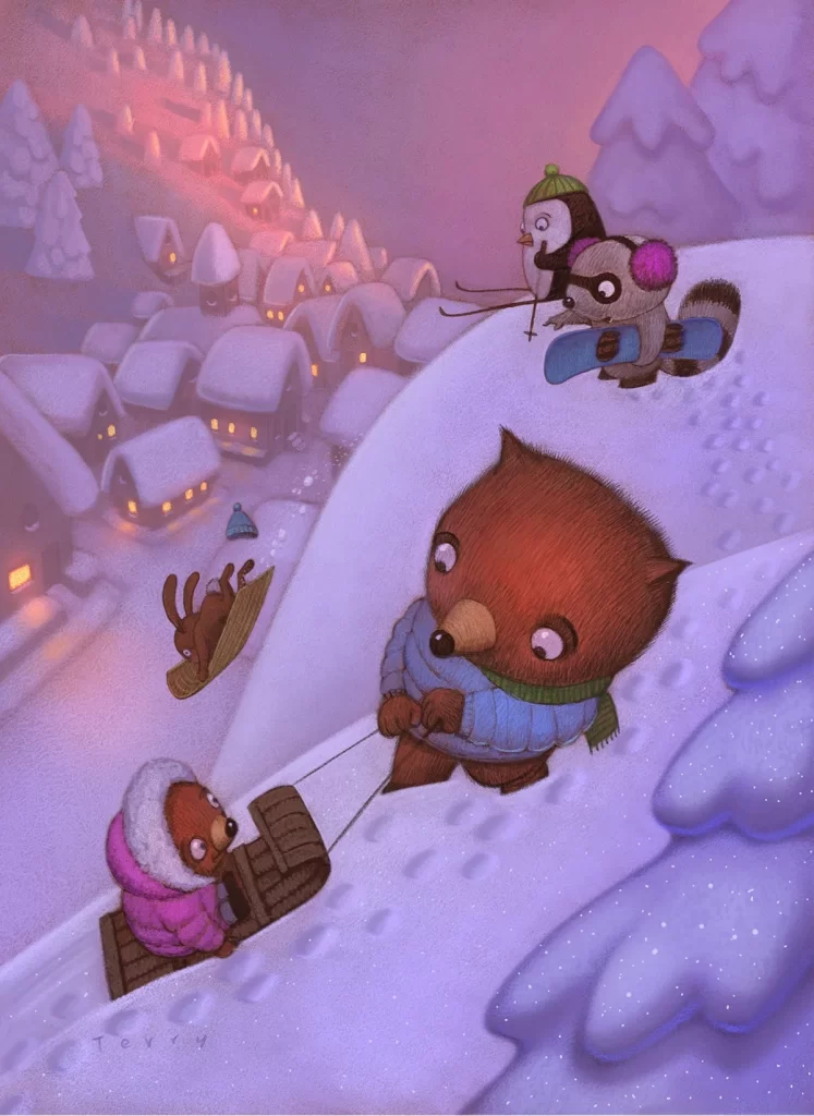 Foxes Sledding Down Snowy Hill Winter Village Illustration