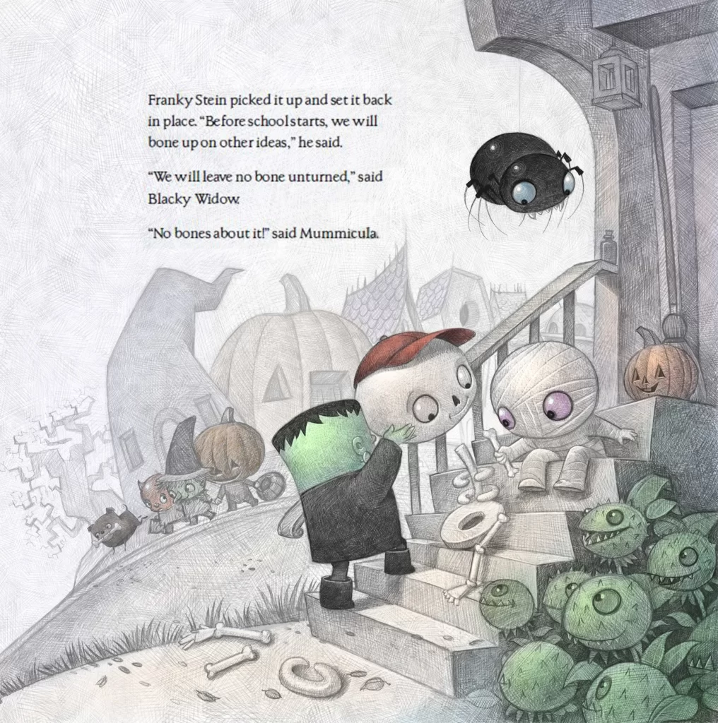 Franky Stein and Mummy Friends on Halloween Stairs Illustration