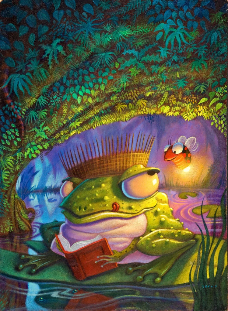 Frog Reading Book with Firefly in Jungle Illustration