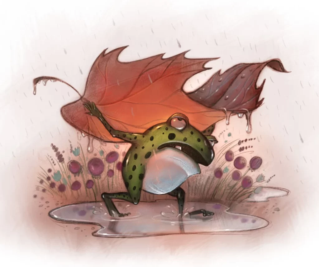 Frog With Leaf Umbrella In Rainy Garden Illustration