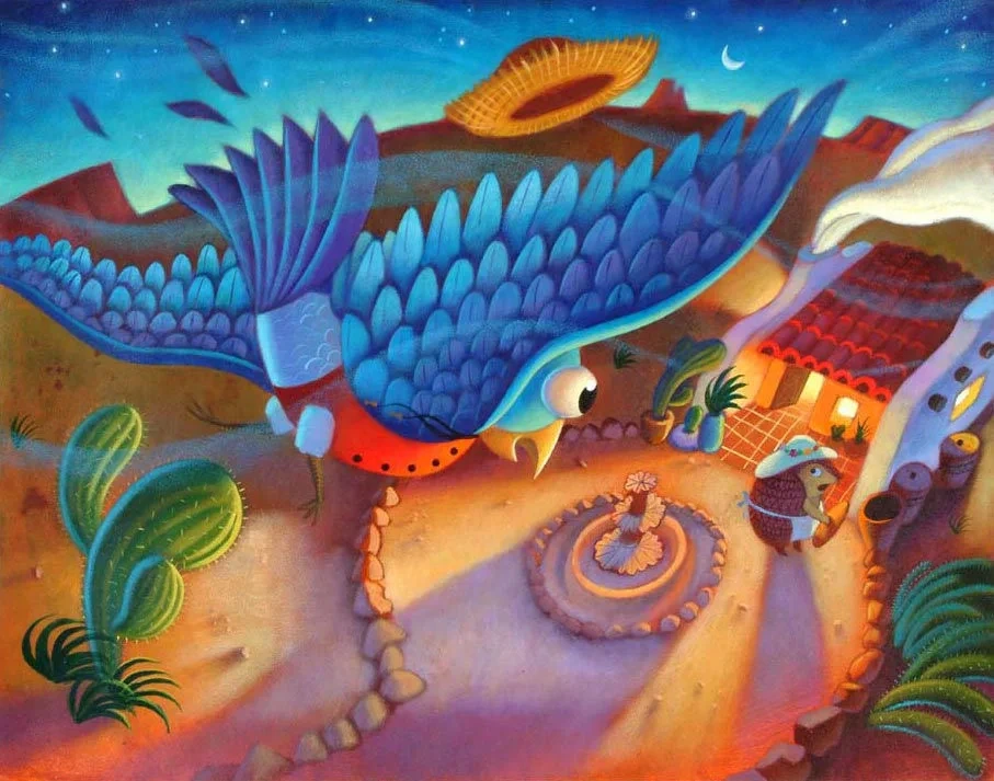 Giant Blue Bird Visits Desert House At Night Illustration
