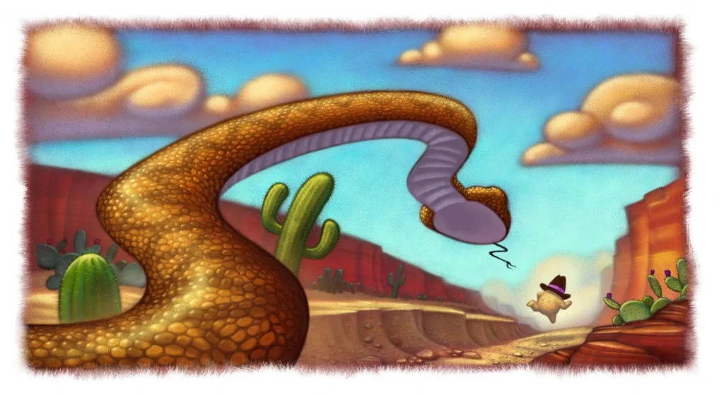 Giant Desert Snake Chasing Mouse In Cowboy Hat Illustration