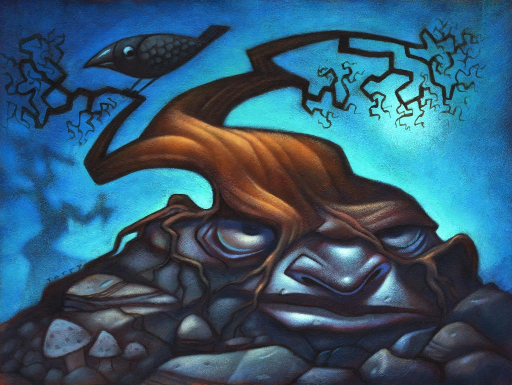 Giant Stone Face With Tree Hair And Crow Illustration