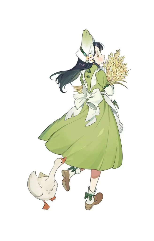 Cartoon Girl Walking with Duck Illustration Reference