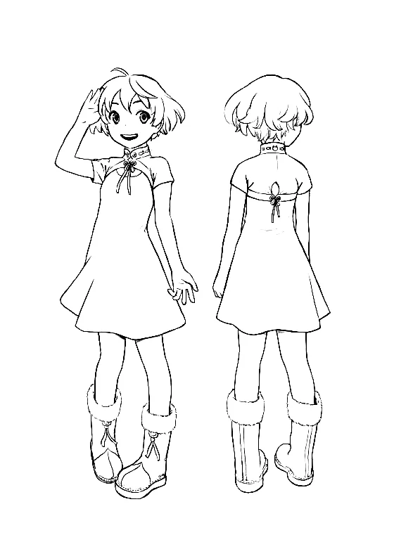 Girl Front and Back View Line Art Drawing Reference