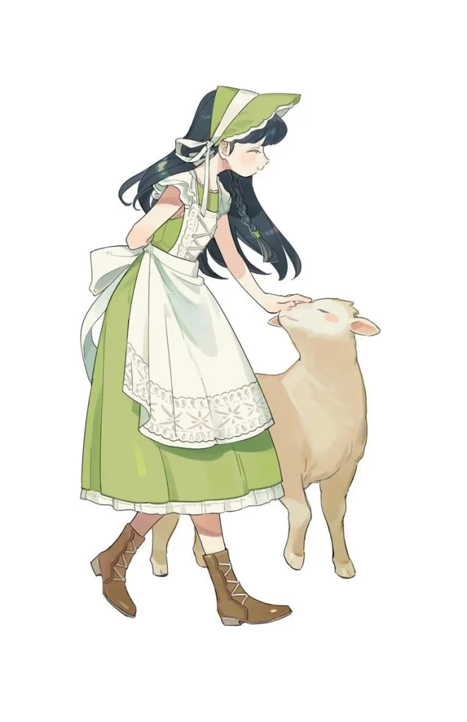 Cartoon Girl Petting Lamb Illustration Reference