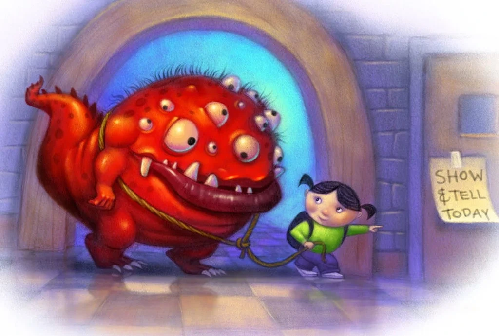 Girl Leading Red Monster To Show And Tell Illustration
