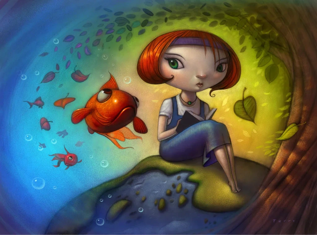 Girl Reading Book Beside Goldfish Under Tree Illustration