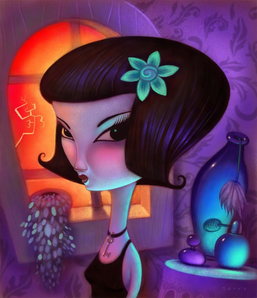 Girl with Blue Flower in Purple Room Illustration