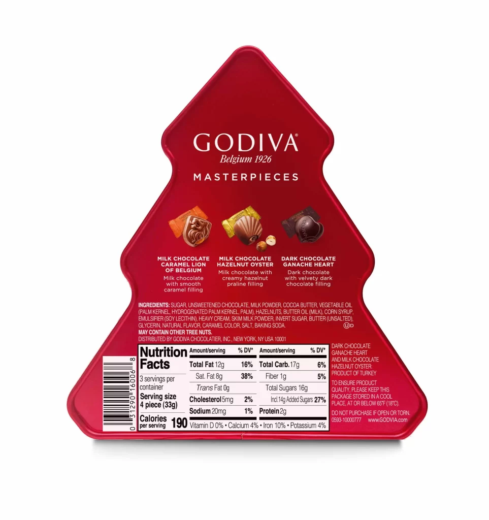 Godiva Masterpieces Holiday Tree Tin 12pc. Packaging