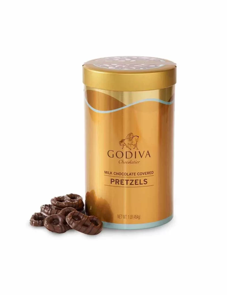 Godiva Milk Chocolate Covered Pretzels Canister 1 lb. Packaging