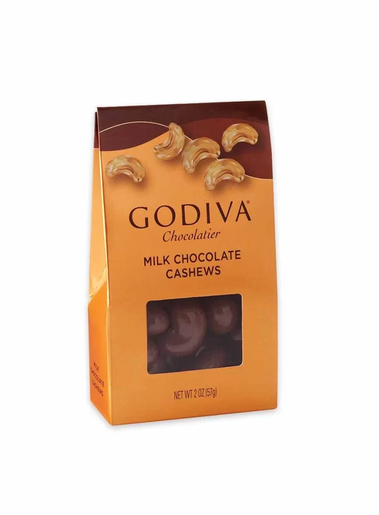 Godiva Milk Chocolate Covered Whole Cashews Set of 30 Packaging