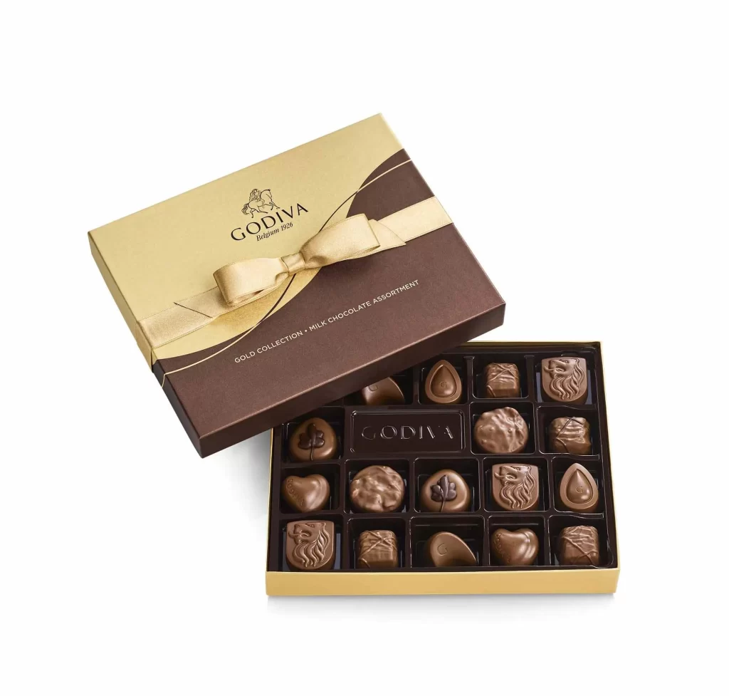 Godiva Milk Chocolate Gift Box Gold Ribbon 18 pc. Packaging