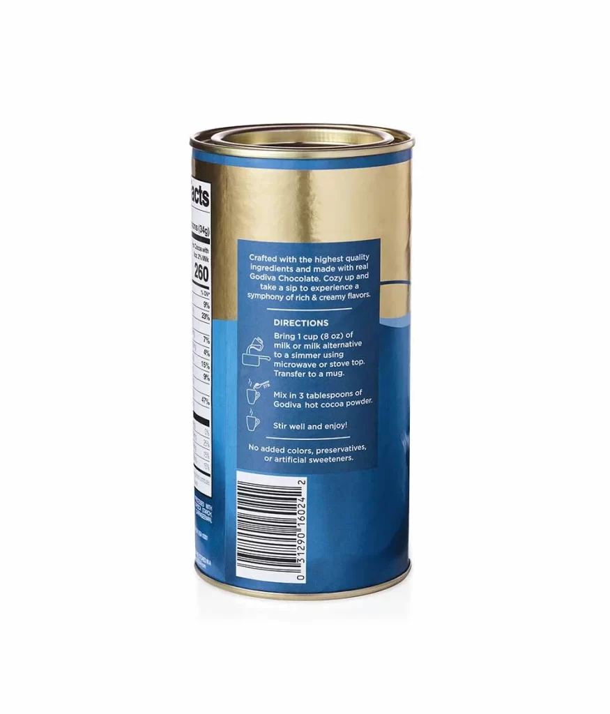 Godiva Milk Chocolate Hot Cocoa Canister 11 Servings Packaging