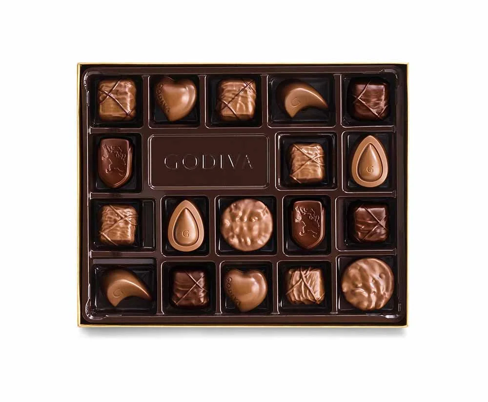 Godiva Nut and Caramel Gift Box Gold Ribbon 18 pc. Packaging