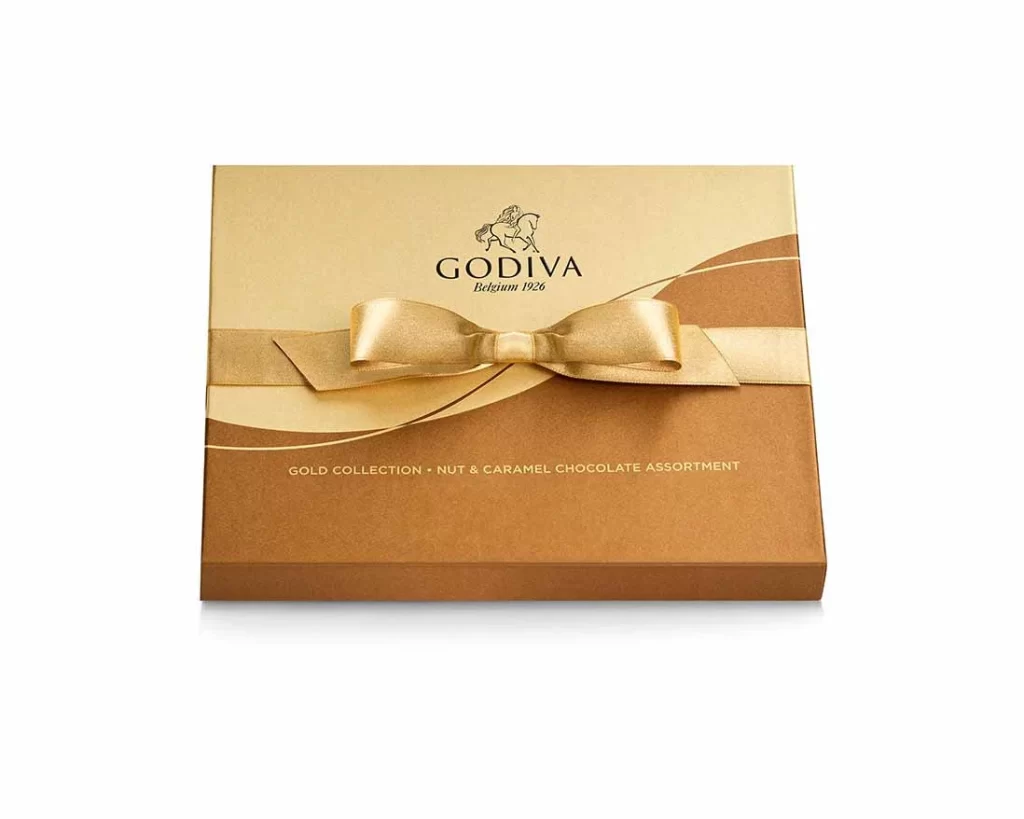 Godiva Nut and Caramel Gift Box Gold Ribbon 18 pc. Packaging