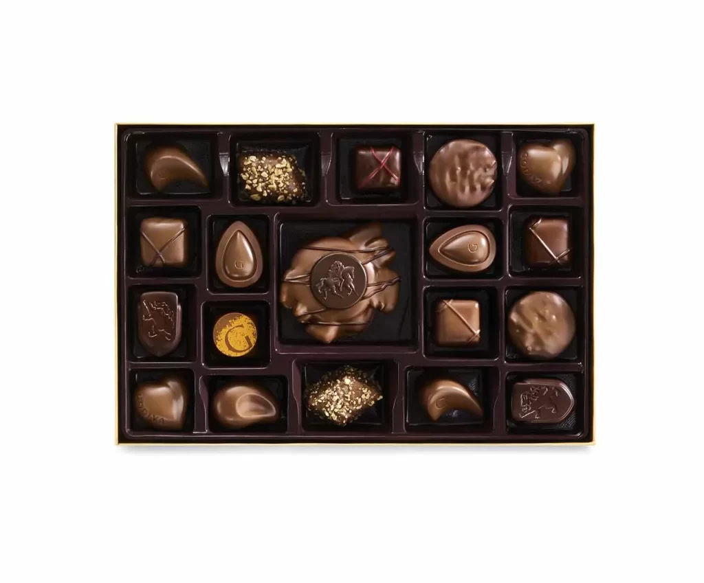 Godiva Nut and Caramel Gift Box Gold Ribbon 19 pc. Packaging