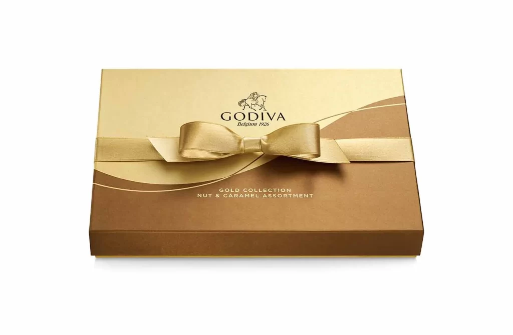 Godiva Nut and Caramel Gift Box Gold Ribbon 19 pc. Packaging
