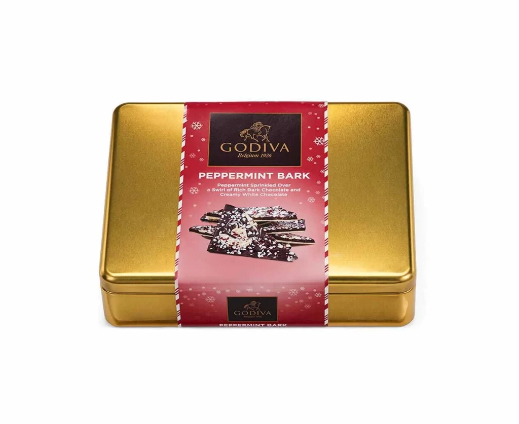 Godiva Peppermint Bark Tin Packaging