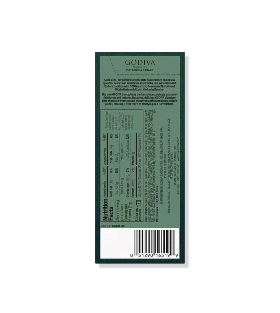 Godiva Pistachio Kadayif Dark Chocolate Bar Packaging