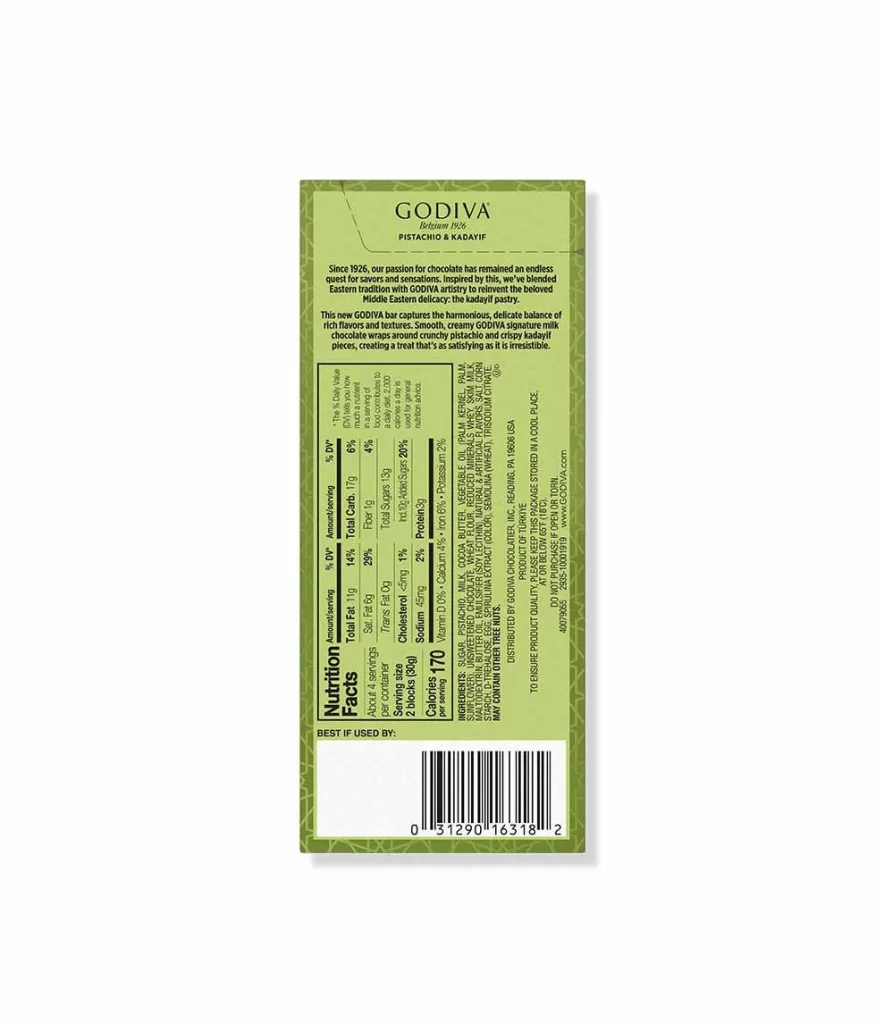 Godiva Pistachio Kadayif Milk Chocolate Bar Packaging