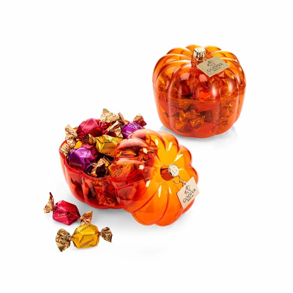 Godiva Pumpkin Candy Dish with Assorted G Cube Truffles Set of 2 Packaging