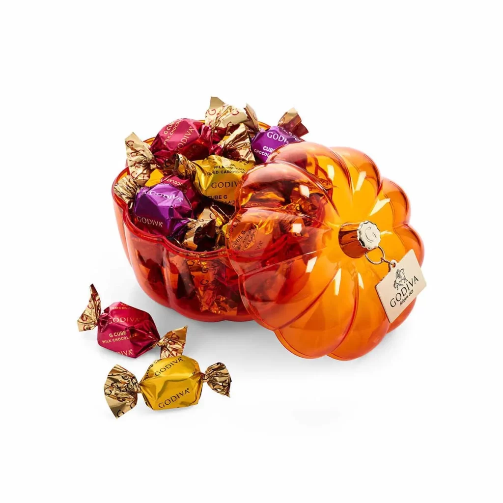 Godiva Pumpkin Candy Dish with Assorted G Cube Truffles Set of 2 Packaging