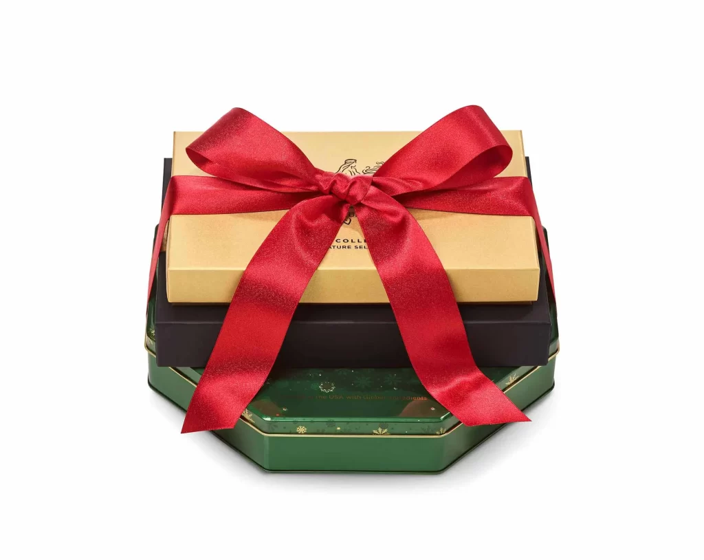 Godiva Seasons Greetings Tower with Red Ribbon Packaging