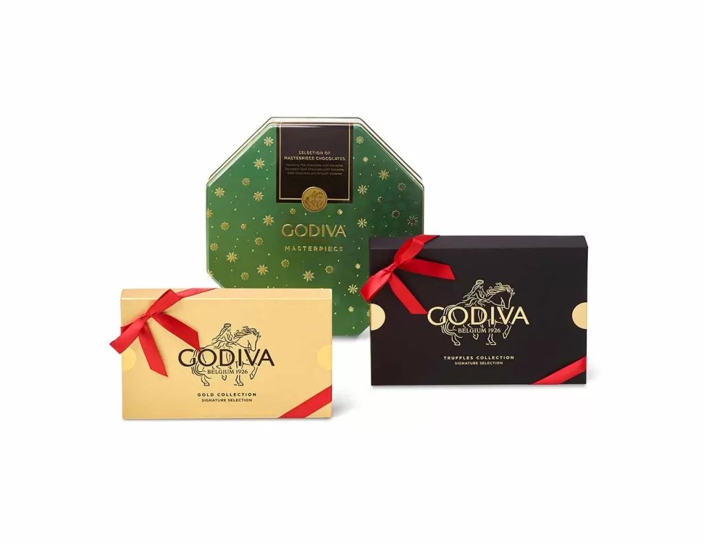 Godiva Seasons Greetings Tower with Red Ribbon Packaging