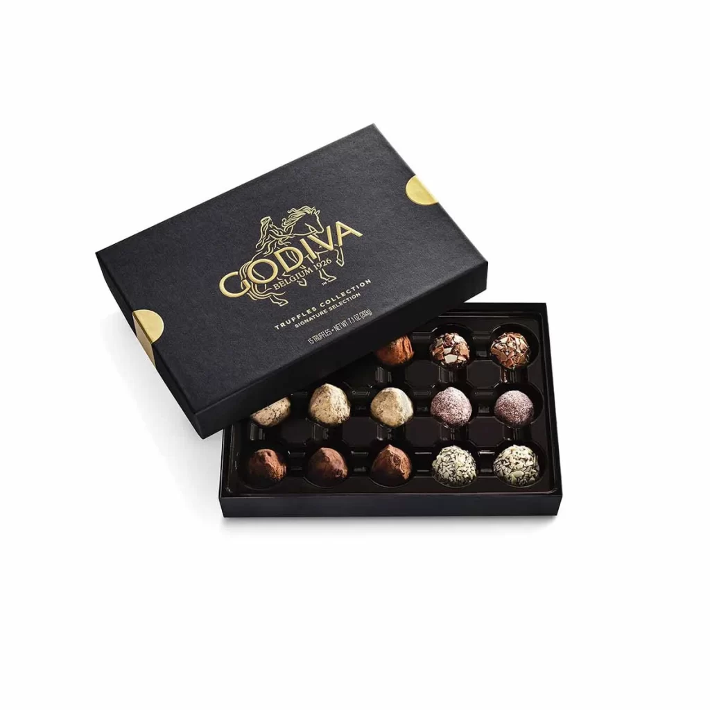 Godiva Seasons Greetings Tower with Red Ribbon Packaging