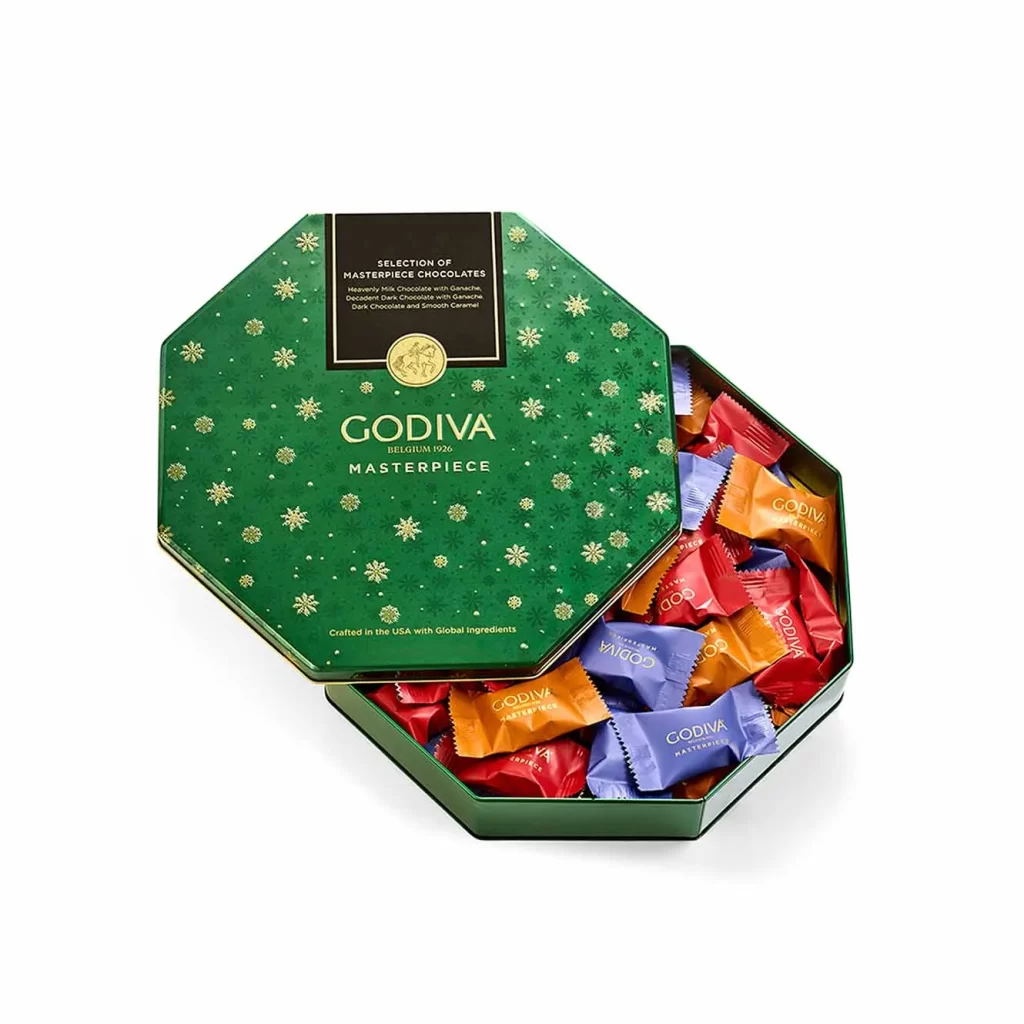Godiva Seasons Greetings Tower with Red Ribbon Packaging