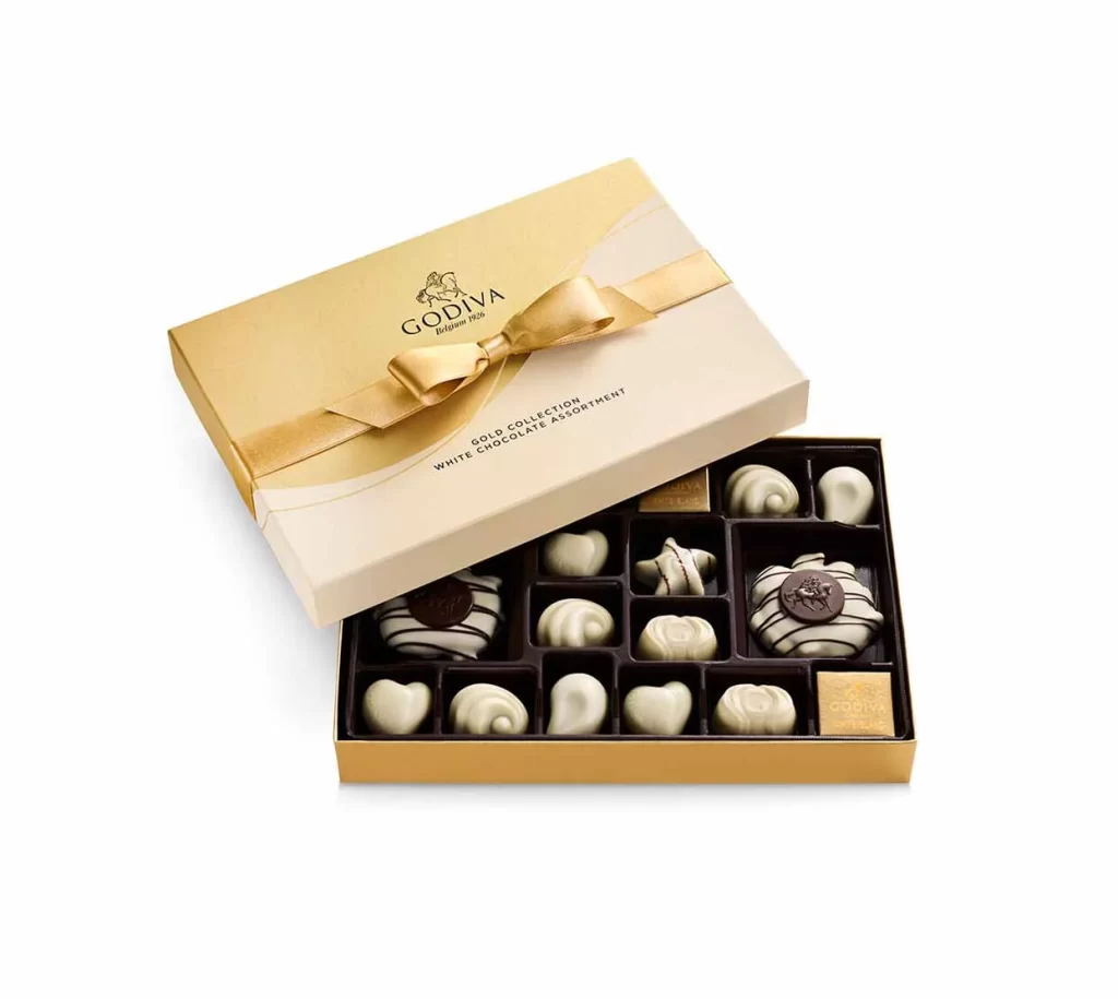 Godiva White Chocolate Assortment Gift Box Gold Ribbon 22 pc. Packaging