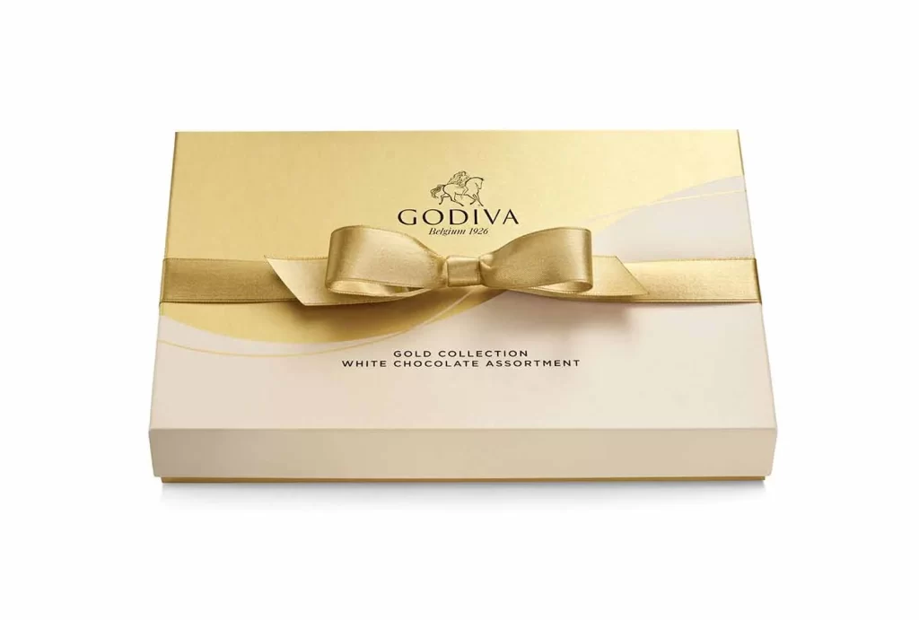 Godiva White Chocolate Assortment Gift Box Gold Ribbon 22 pc. Packaging