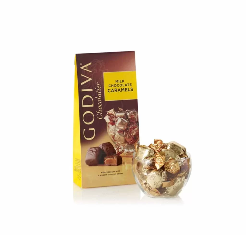 Godiva Wrapped Milk Chocolate Caramels Large Bag 19 pc. Packaging