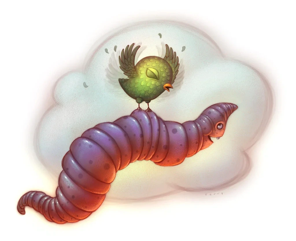 Green Bird Riding Purple Caterpillar Cloud Illustration