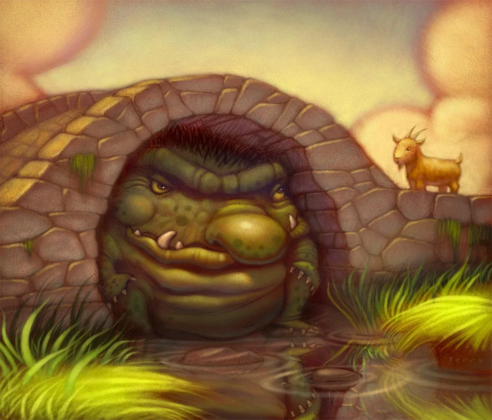 Green Troll Under Stone Bridge With Goat Illustration