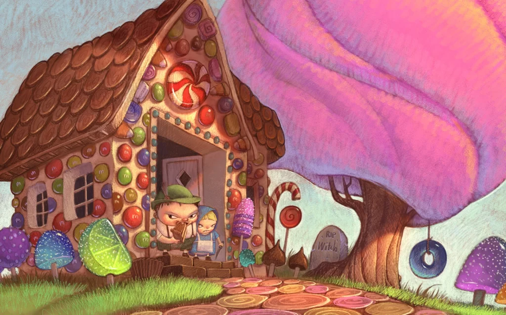 Hansel and Gretel at the Candy House Illustration