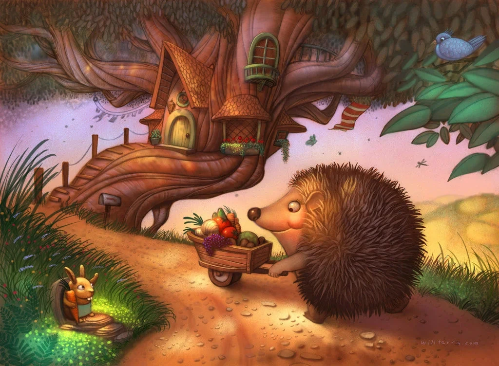 Hedgehog Pushing Fruit Cart To Treehouse Illustration