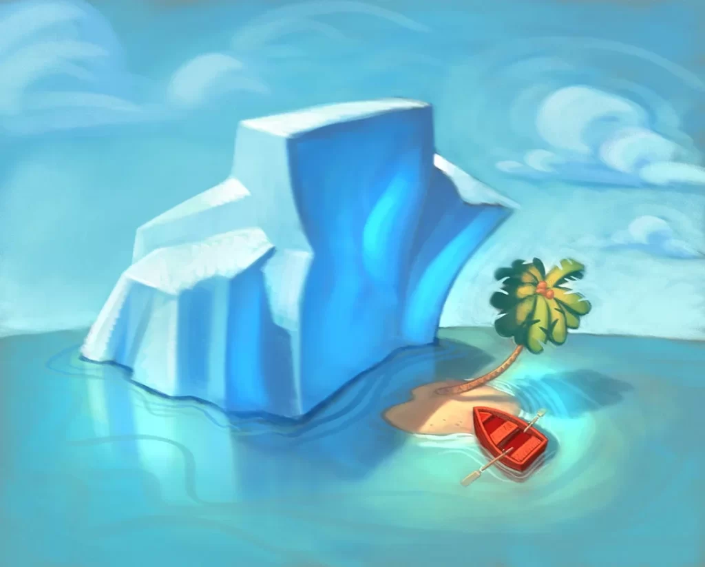 Iceberg Island With Red Boat And Palm Tree Illustration