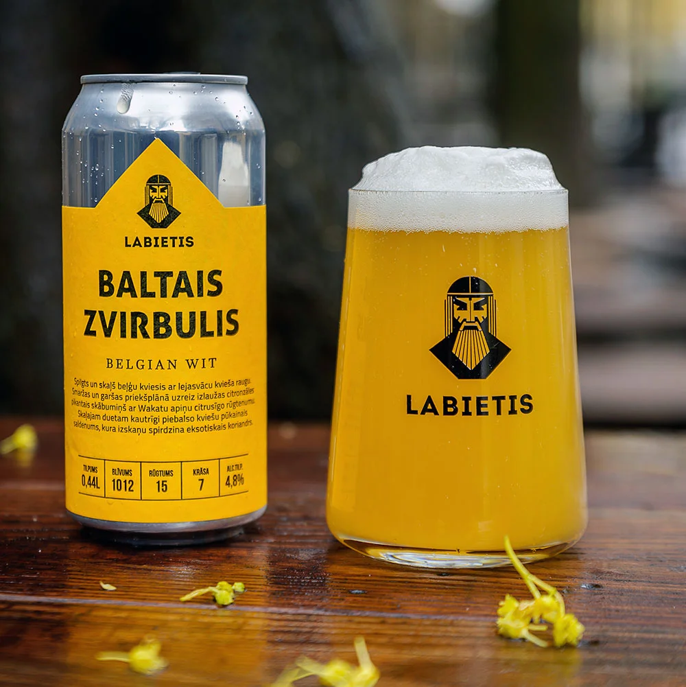 Labietis Baltais Zvirbulis Belgian Wit Beer Can And Glass Packaging
