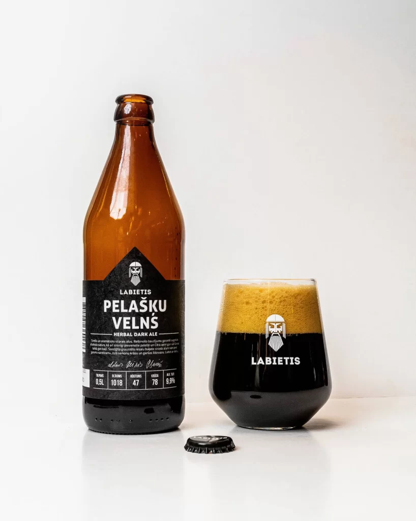 Labietis Pelasku Velns Beer Bottle and Glass Packaging