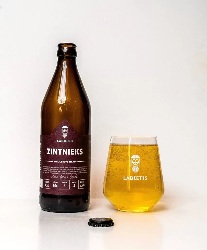 Labietis Zintnieks Mead Bottle and Glass Packaging