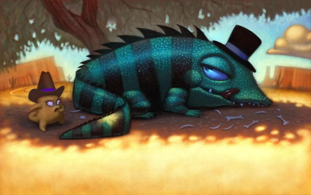 Lizard With Top Hat And Small Creature Desert Illustration