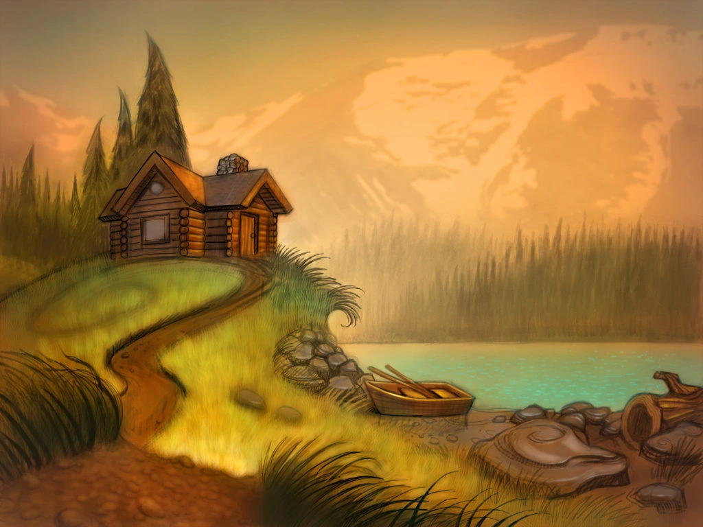 Log Cabin By Lake With Rowboat Illustration