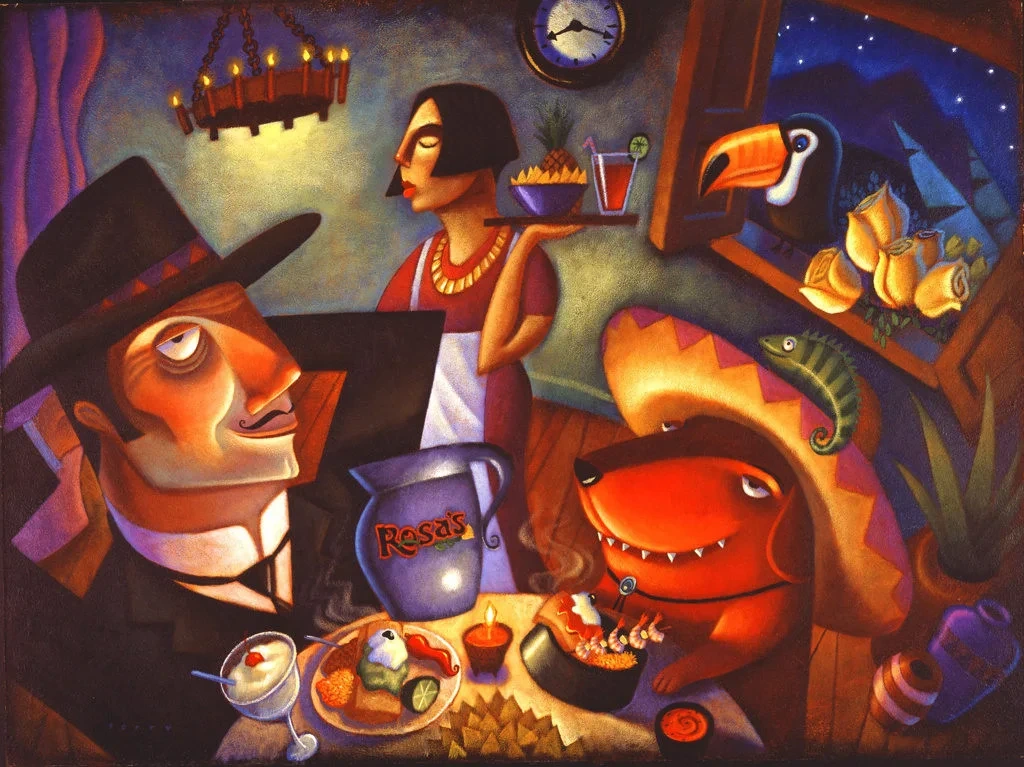 Man, Woman and Red Dog Dining at Mexican Restaurant Illustration