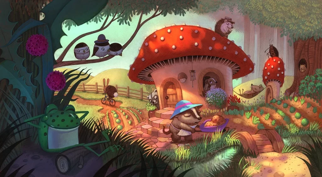Mice Living in Red Mushroom House Forest Illustration