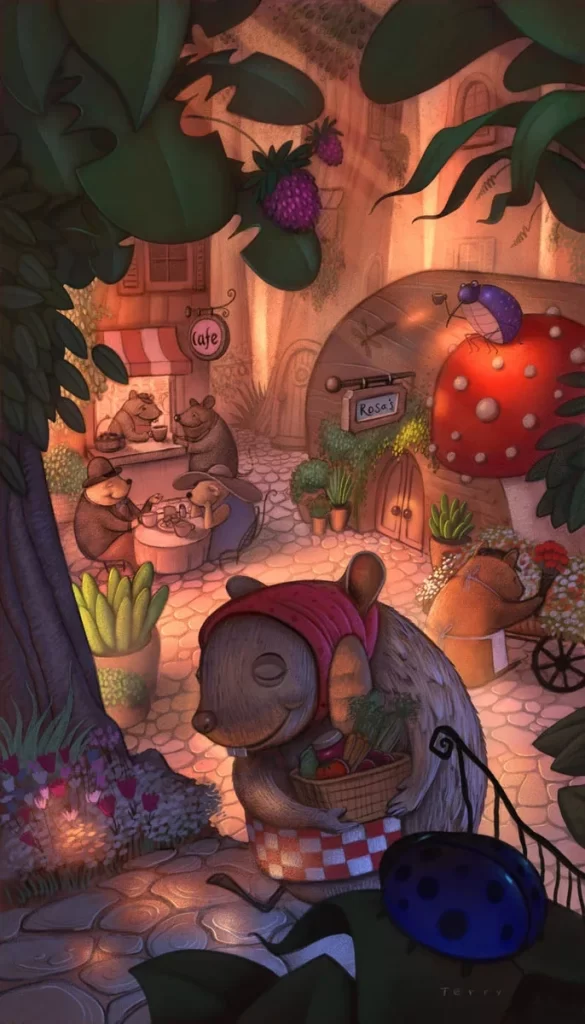 Mice Shopping In Mushroom Village Illustration